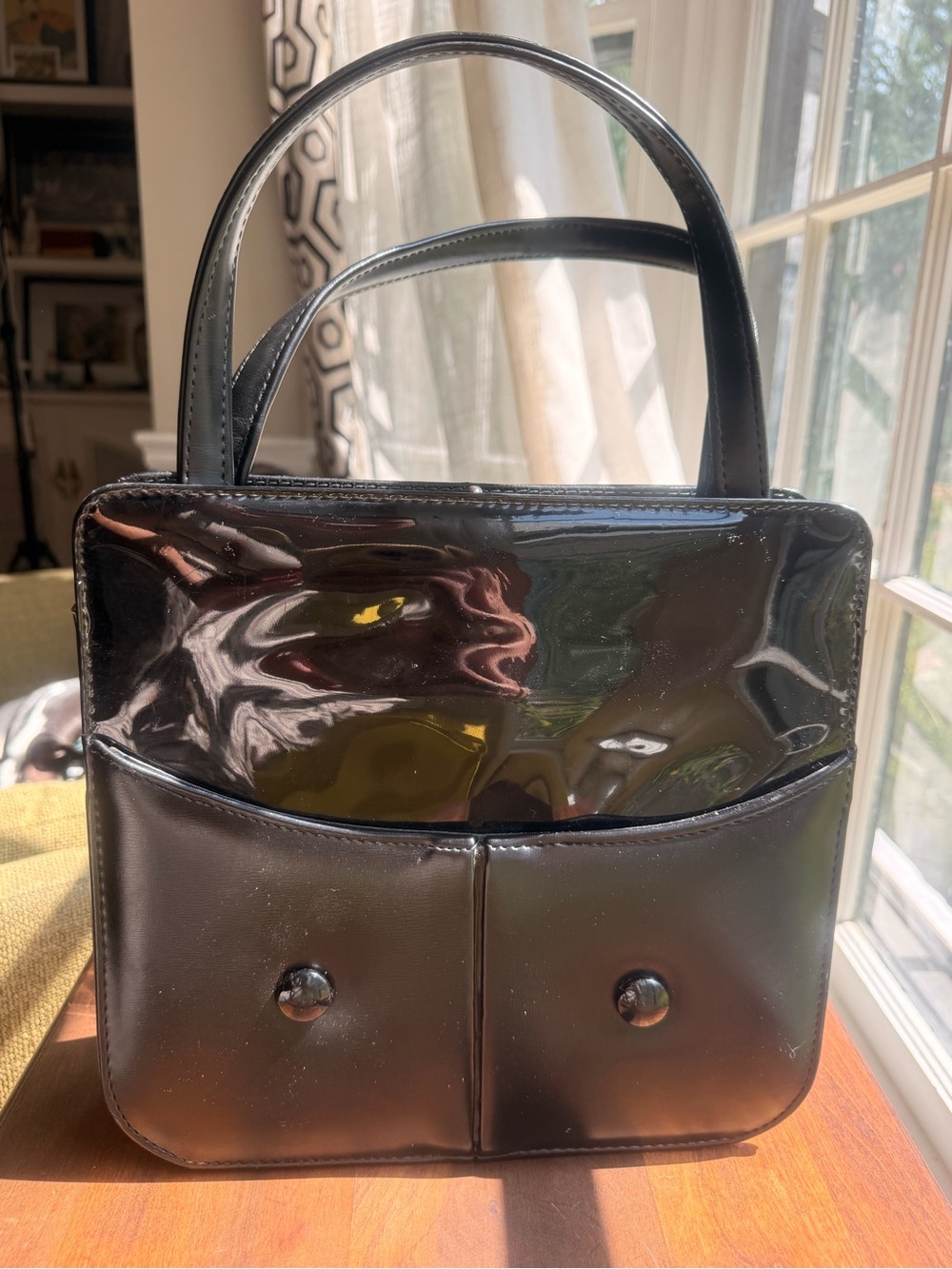 Classic Black Patent Shoulder Bag with Dual Front Pockets MOD 60’s Bag